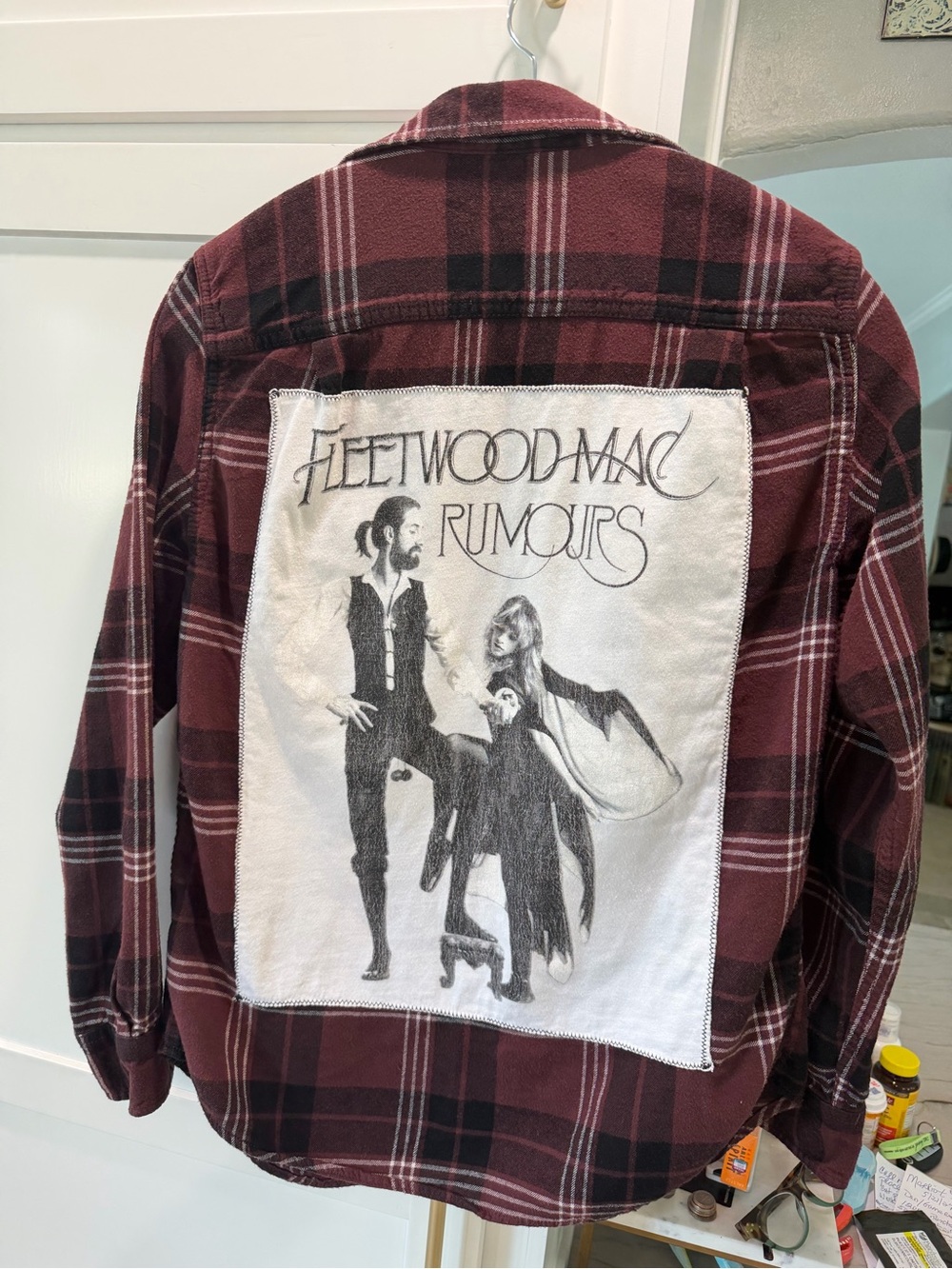 Fleetwood Mac Rumours Patch Burgundy Plaid Flannel Shirt size S